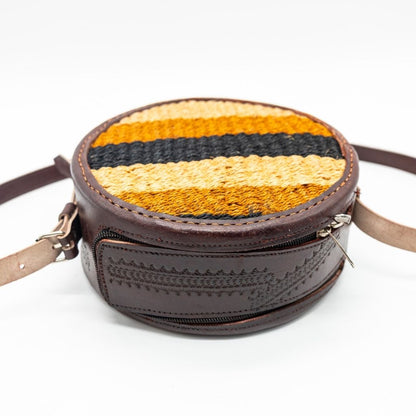 Handwoven Boho Sisal Sling Bag with Leather Trim – Round Crossbody