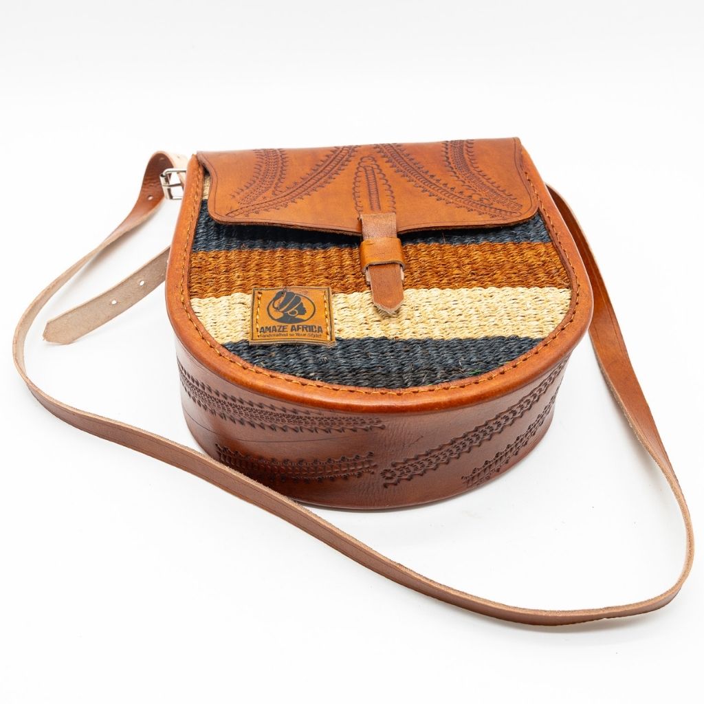 Kasyoka Leather & Sisal Crossbody Bag – Handwoven African Sling Bag with Adjustable Strap