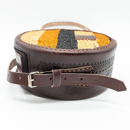 Handwoven Boho Sisal Sling Bag with Leather Trim – Round Crossbody