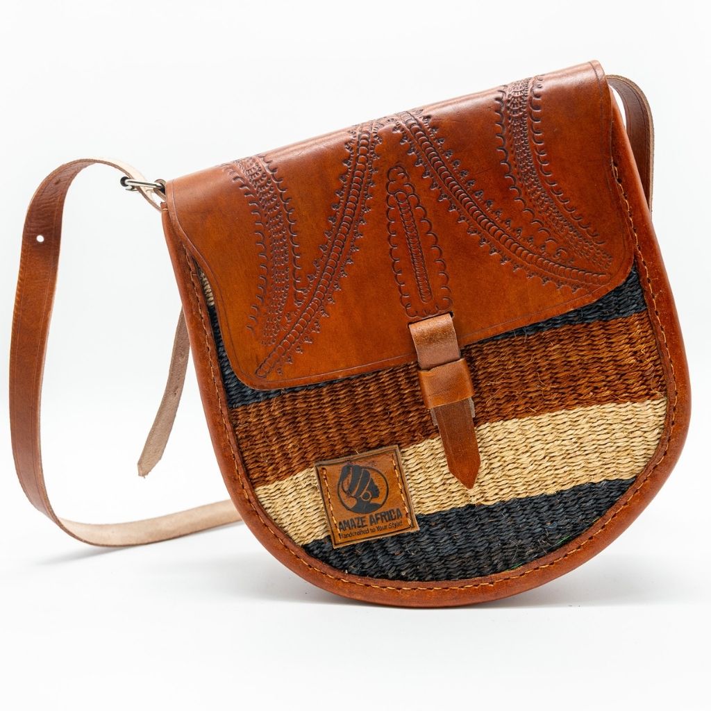 Kasyoka Leather & Sisal Crossbody Bag – Handwoven African Sling Bag with Adjustable Strap