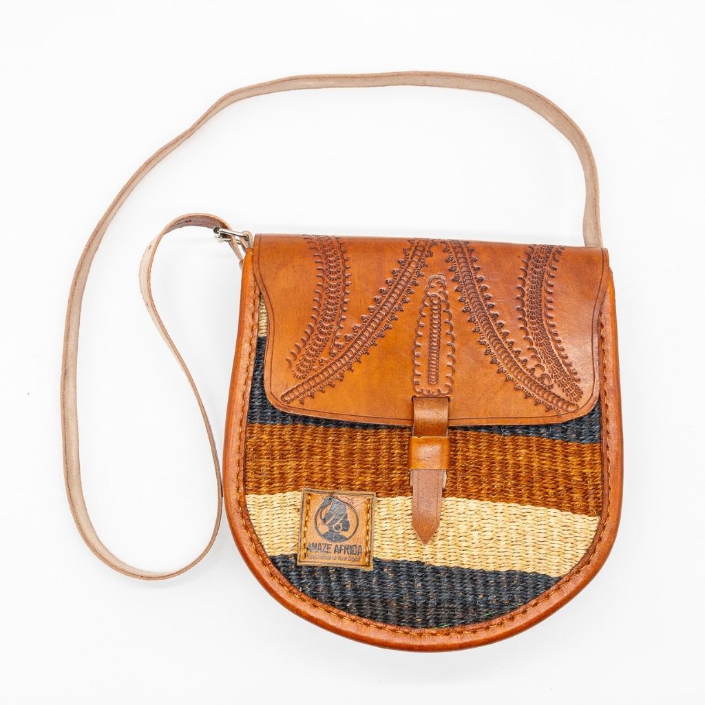 Kasyoka Leather & Sisal Crossbody Bag – Handwoven African Sling Bag with Adjustable Strap